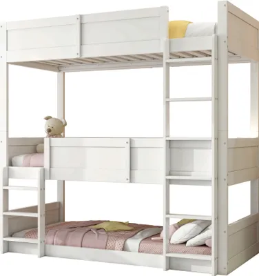 Produktbild von Dreibettzimmerbett 90*200 cm, Massivholzlatten, Hochbett, hohes Zaundesign, Kinderbett, Holzbett, weiß