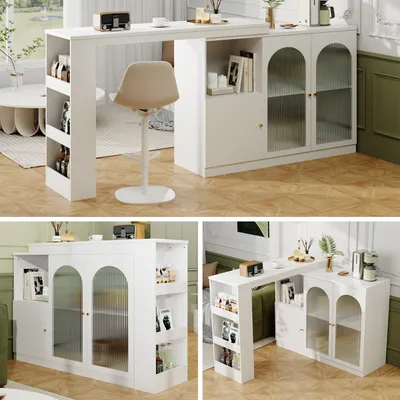 Produktbild von okwish Bartisch Hauptkörper 120 x 40 x 97 cm Moderner ausziehbarer Bartisch (Ausziehbarer Esstisch mit Glas für Esszimmer), für Küche, Wohnzimmer und Esszimmer,Weiß