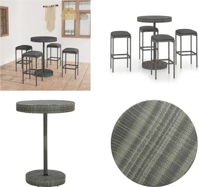 Produktbild von vidaXL 5 tlg. Gartenbar Set mit Kissen Poly Rattan Grau - Bar-Set - Bar-Sets - Bartisch Und Barhocker - Bartisch