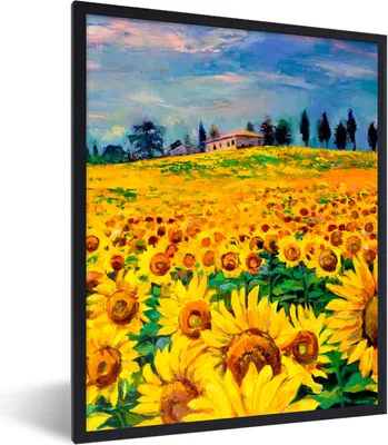 Produktbild von MuchoWow® Gerahmtes Poster Ölfarbe - Gemälde - Blumen - Sonnenblume 60x80 cm - Poster mit Schwarzem Bilderrahmen Wandposter Rahmen Foto Bilder - Premium - Wanddeko Wohnzimmer