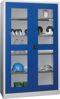 Produktbild von Flügeltürenschrank - Sichtfenstertüren - 1.950x1.200x600 mm (HxBxT) - 4 Einlegeböden verzinkt - Zylinderschloss - lichtblau/lichtgrau