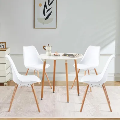 Image de Ensemble de salle à manger blanc : table ronde avec 4 chaises, en MDF/noyer, dimensions 80x80x74 cm