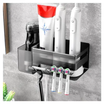 Produktbild von Zahnbürstenhalter für elektrische Zahnbürsten mit 3 Badezimmerzubehörteilen, selbstklebend, aus Edelstahl, schwarz, Halter für Aufsteckbürsten ohne Bohren