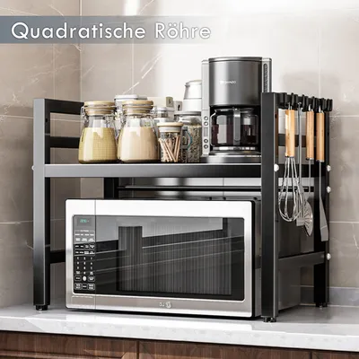 Produktbild von Küchenregale, Ausziehbarer Mikrowellenständer mit 6 Haken, 40-64cm ausziehbarer Mikrowellen Regal, Gewürzregal, Mikrowellenhalterung, bis 30kg,Schwarz