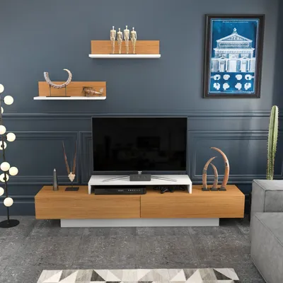 Image de Skye Decor, Lusi - Blanc, teck, meuble TV, blanc, panneaux de particules 100 % mélaminés, 180 x 31 x 40 cm