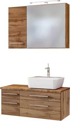 Produktbild von Badmöbel Set inkl. LED-Spiegelschrank 90 cm & Keramik Aufsatzwaschbecken Rechts TAREE-03 in wotaneiche Nb.