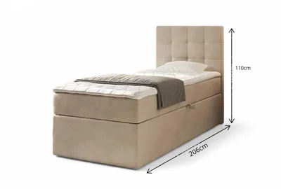 A single bed with a headboard, mattress, and storage base, shown from a side angle with dimensions indicated.