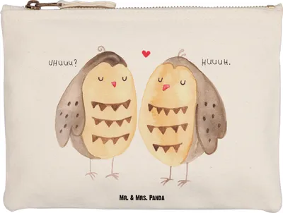 Produktbild von Mr. & Mrs. Panda Federtasche Eulen Liebe Größe M - Weiß - Geschenk, Kulturbeutel, Schminktäschchen, Romantisch, Etui, Stoffbeutel, Schlampermäppchen, Pärchen, Owl, Eule