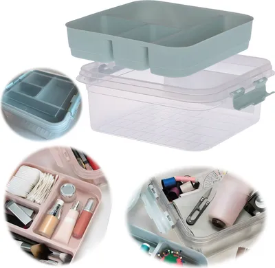 Produktbild von LS-LebenStil Sortierbox Aufbewahrungsbox 26cm Grün Stapelbox mit Deckel Kosmetik Organizer Nähkasten Einsatz für Nähzubehör Kosmetik Make-Up 4 Fächer