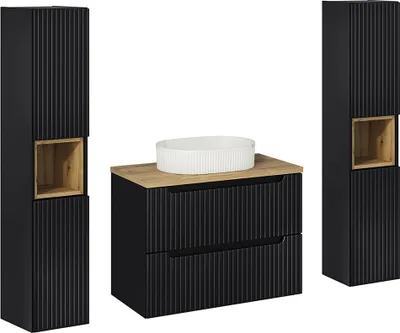Produktbild von Badmöbel Set 3-teilig, 80cm Waschtisch, in schwarz mit Eiche, gerillte Front, NEWPORT-56-BLACK