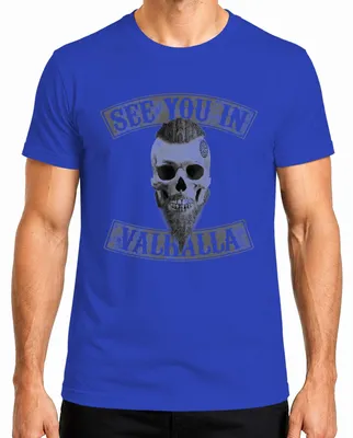 Productafbeelding van See You In Valhalla, Totenkopf, Runen, Wiking, Vegvisir, Heren T-shirt, Blauw, Maat S