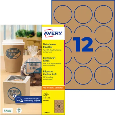 Produktbild von Avery Zweckform L7106-25, Naturbraune Etiketten, A4, ? 60 mm, 300 Etiketten / 25 Bögen, naturbraun