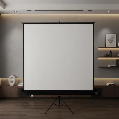 A projection screen with a tripod stand is set up in a modern living room with wooden floors and built-in shelving.