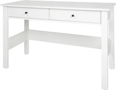 A white desk with two drawers against a white background.