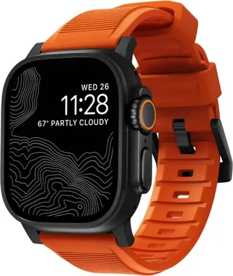 Produktbild von Nomad Rugged, Band, Smartwatch, Orange, Schwarz, Apple, Apple Watch 49mm, 46mm, 45mm, 44mm, and 42mm (Ultra 1-3, Series 1-11, and SE), Edelstahl, Gummi