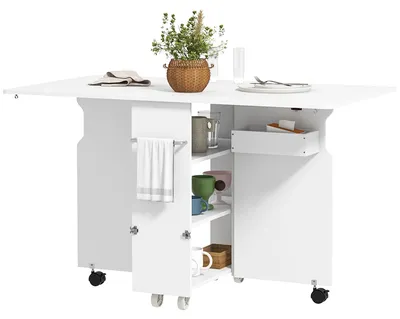 Produktbild von Klapptisch mit 3 Ablagen, Staufach und Rollen, MDF, 130 x 80 x 76,5 cm, wei?