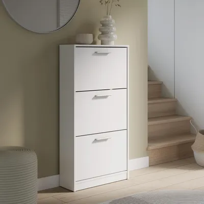 Produktbild von Forte NET402 Schuhschrank 60, moderner Schuhschrank, 3 Kippfächer, schmal, Holzwerkstoff, Weiß, Flurschrank, 58,2 cm breit x 115,5 cm hoch x 20,4 cm tief