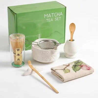 Produktbild von Matcha Set 8-teilig Keramikschale Bambusbesen Chasen Halter Löffel Sieb Tuch Weiß Retro