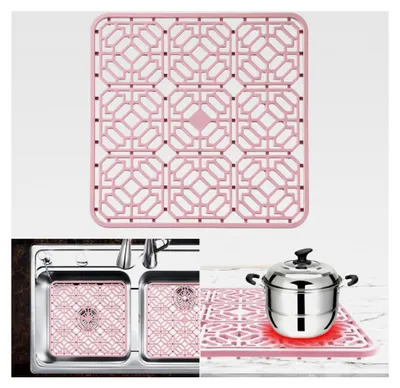 Produktbild von Silikon Spülbeckenmatte, zuschneidbar, 30 x 30 cm, zusammenklappbar, hitzebeständig und rutschfest, Küchen-Abtropfuntersetzer, rosa