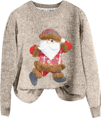 Produktbild von ASKSA Damen Lustige Weihnachtspullover Strickpullover Winter Rundhals Pulli Christmas Sweater Langarm Oberteile Warm Weihnachtspulli,D-Beige,L