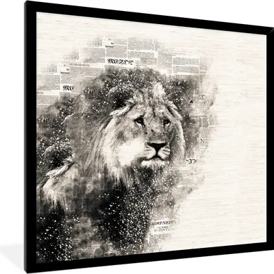 Produktbild von MuchoWow® MuchoWow® Gerahmtes Poster Löwe - Zeitung - Schwarz - Weiß 40x40 cm - Poster mit zchwarzem Bilderrahmen - Mit Rahmen - Wanddekoration Schlafzimmer