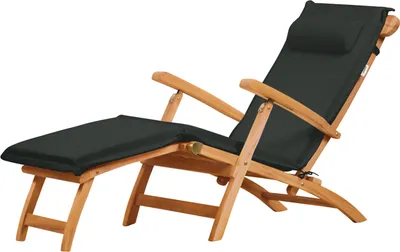 A grey chaise lounge cushion set with a wooden deck chair.
