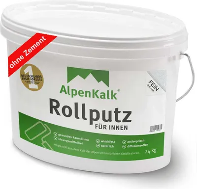 Produktbild von AlpenKalk® Rollputz fein (0,5 mm) jetzt 24 kg (20+4) / ca. 65 m²