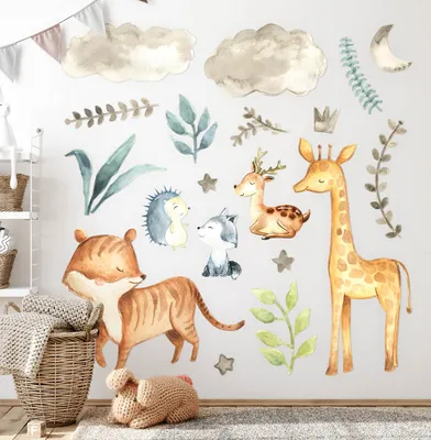 Produktbild von Naturtiere – Wandgestaltung – Wandbilder Kinder – Motivtapeten Set – Wanddekor Kinderzimmer – Selbstklebende Wandsticker – 100x168 cm