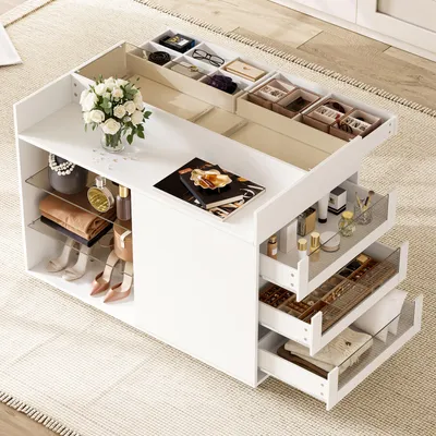 Produktbild von STILVORA Glas-Sideboard mit 5 Schubladen und Facheinteilung, Schminktisch mit Lenkrollen, Aufbewahrungsschrank für Schlafzimmer und Ankleidezimmer Weiß