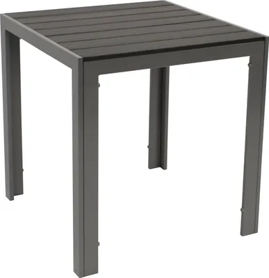 A square outdoor table with a slatted top and metal frame.