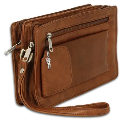 Produktbild von DrachenLeder Echtleder Herren Handgelenktasche tan braun 20x12x7 - inkl. Feen-Anhänger D2OTJ512C