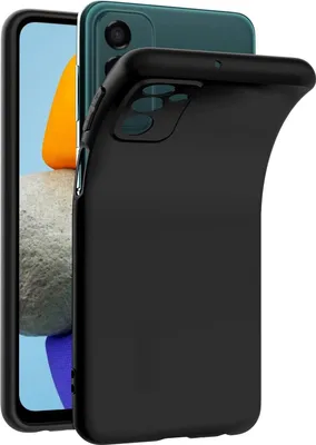 A black phone case is shown diagonally in front of a smartphone.