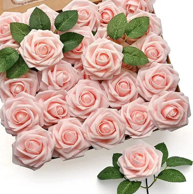 Produktbild von Floroom Künstliche Blumen, 25 Stück, echt aussehende, rosafarbene Schaumstoff-Rosen mit Stielen für selbstgemachte Hochzeitssträuße, Brautparty-Tischdekorationen, Party-Dekorationen
