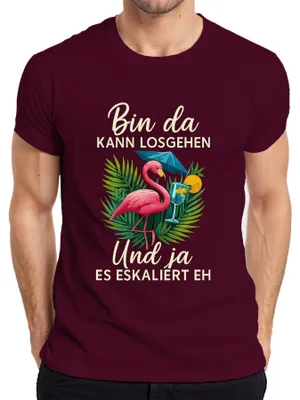 Produktbild von Bin da kann losgehen und ja es eskaliert Flamingo Cocktail Party Herren T-Shirt, Burgundy, XL