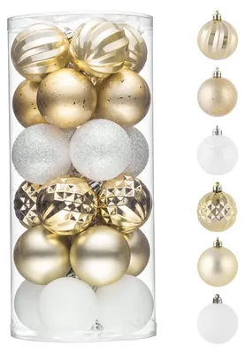 Weihnachtskugeln, 24 Stück, 6 cm, unzerbrechlich, gold-weiß