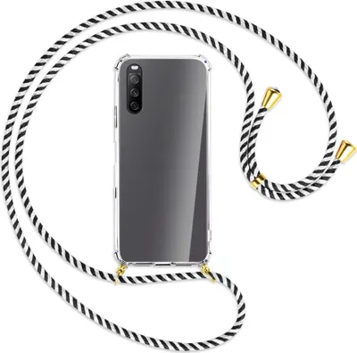 Produktbild von Handykette Backcover-Schutzhülle mit Band (Metall goldfarben) für Sony Xperia 10 III - schwarz/weiß gestreift