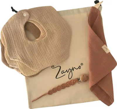 Produktbild von Zayno® Lätzchenset "Lehmgold" mit Schnullerkette und Spucktuch