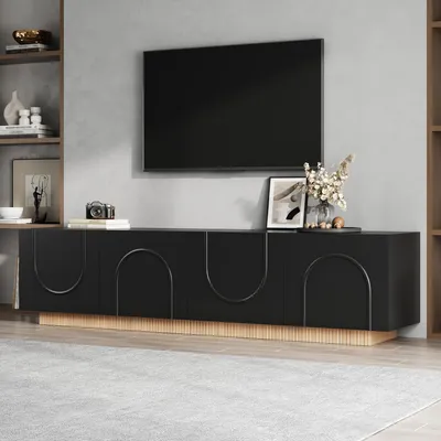 Produktbild von Merax TV-Schrank TV Lowboard mit 4 Türen, modernes TV-Möbel mit Bogenfront, Fernsehtisch mit Kabelmanagement, Stauraumschrank Wohnzimmer, Schwarz