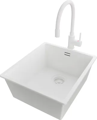 Produktbild von PRIMAGRAN Granitspüle Alles Weiß 41x47cm, Spülbecken 1 Becken + Küchenarmatur 38x14cm + Ablauf-Set, Küchenspüle ab 45er Unterschrank - London Slim