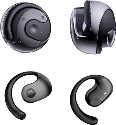 Four views of black wireless earbuds and their charging case.