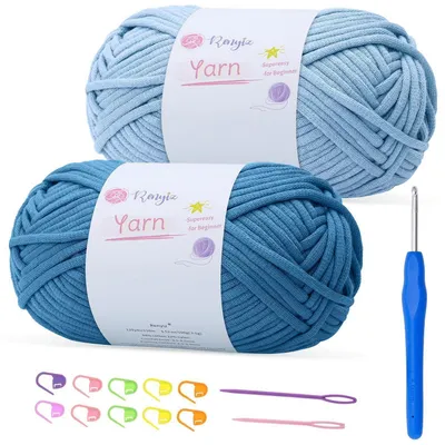 Immagine prodotto di Filato spesso per uncinetto, 2 gomitoli da 100g ciascuno, con uncinetto da 4 mm, nei colori azzurro chiaro e blu