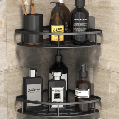 Produktbild von 1x Duschregal Duschablage Ohne Bohren Ecke, Badezimmer Regal Badregal Duschkorb Bad Eckregal Schwarz