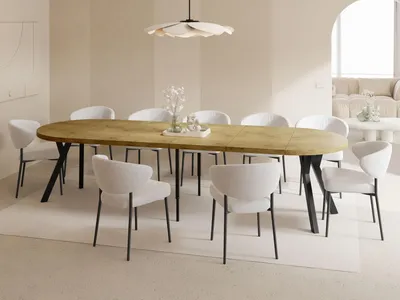 Produktbild von Esstisch Rund Groß XXL Ausziehbar im Loft-Stil – 100 bis 300 cm – Extra Lang Ausziehtisch mit Schwarzen Holzbeinen, Industrieller Tisch für 5-16 Personen – Esszimmertisch – Eiche Hell Braun