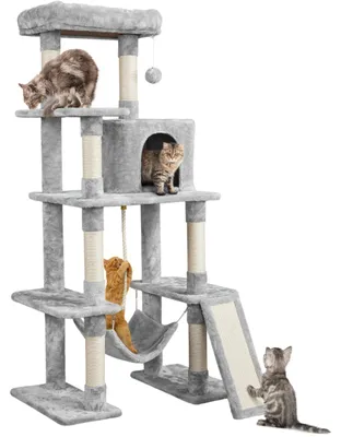 Image de Yaheetech, arbre à chat de 159 cm avec hamac et corde à jouer, couleur gris clair