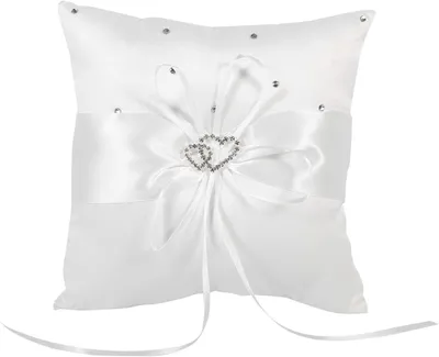 Produktbild von Omgoods – Ringkissen, 20 cm – Weißer Seide/Schleife – Romantisch/Dekoration – Vintage/Herzmotiv – Hochzeit – Blau/Rot – Brautkissen