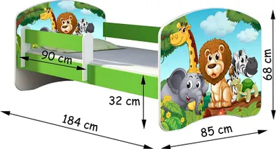 A children's bed with a jungle animal theme, showing dimensions.