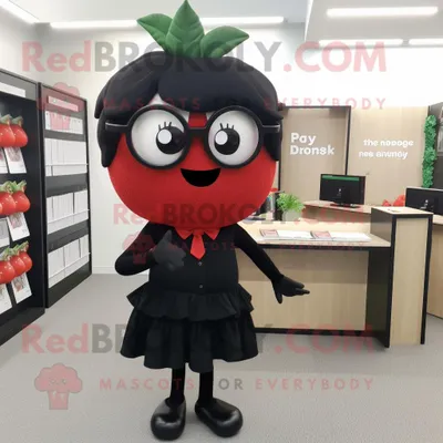 Produktbild von Schwarze REDBROKOLY Erdbeer Maskottchen Kostüm figur bekleidet mit einem Bleistiftrock und einer Lesebrille