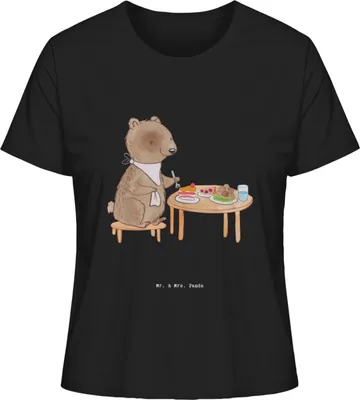 Produktbild von Mr. & Mrs. Panda Oberteil Damen Bär Essen gehen Größe S - Schwarz - Geschenk, Restaurantbesuch, Baumwoll T-Shirt, Basic Shirt, Mit Print, Restaurant, Jersey