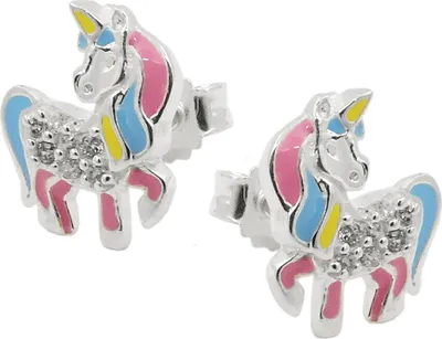 Produktbild von Ohrstecker 10x8mm Kinderohrringe Einhorn, farbige Einlagen Zirkonia 925 Silber
