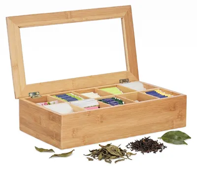 Produktbild von Relaxdays Teebox, Bambus, 10 Fächer, groß, stabil, vielseitig, funktional, nachhaltig, Aromaschutz, Sichtfenster, natur